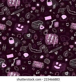 Accessories. Grunge background. Set of elements, signs and symbols. Hand drawn seamless pattern.