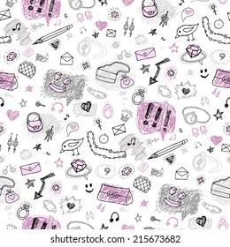 Accessories. Grunge background. Set of elements, signs and symbols. Hand drawn seamless pattern.