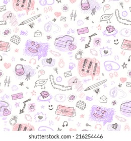 Accessories. Grunge background. Set of elements, signs and symbols. Hand drawn seamless pattern.