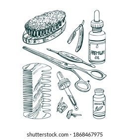 accessories for a hairdressing salon, barbershop, beauty salon, collection of elements, drawing by hand, razor, comb, scissors, nail file, brush, jar of oil, cufflinks. Vector set