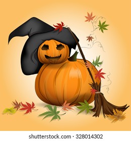 Accessories for Halloween. Beautiful vector pumpkin. Background orange