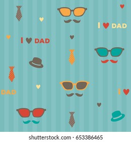 Accessories hipster style symbol of father's day holiday with "I love dad" message decorated to seamless pattern on retro design and stripe background.