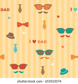 Accessories hipster style symbol of father's day holiday with "I love dad" message decorated to seamless pattern on retro design and stripe background.