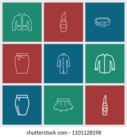 Accessories icon. collection of 9 accessories outline icons such as lipstick, jacket, skirt. editable accessories icons for web and mobile.