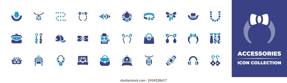 Accessories icon collection. Duotone color. Vector illustration. Containing handbag, headband, woman bag, earrings, necklace, accessories, accessory, pearl necklace, gem, watch, stylish bag, earmuffs.