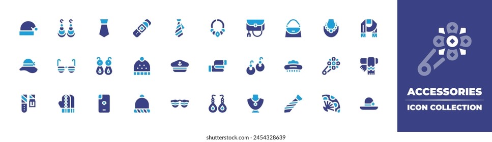 Accessories icon collection. Duotone color. Vector illustration. Containing phone case, earrings, women hat, necklace, accessory, pearl necklace, clutch, belt, tie, hat, hair clip, santa hat.