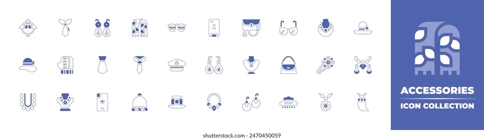 Colección de iconos de accesorios. Trazo de línea de estilo duotono y negrita. Ilustración vectorial. Conteniendo caja del teléfono, pendientes, sombrero de las mujeres, collar, gafas de sol, accesorio, collar de perlas, embrague, joyería, sombrero.