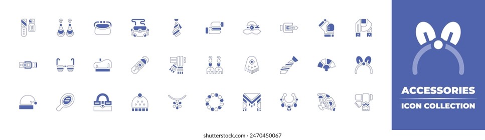 Accessories icon collection. Duotone style line stroke and bold. Vector illustration. Containing ring, handbag, headband, necklace, earrings, fan, accessory, pearl necklace, gem, wrist watch, cap.