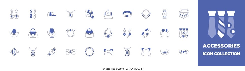 Accessories icon collection. Duotone style line stroke and bold. Vector illustration. Containing ring, handbag, headband, necklace, earrings, fan, accessory, pearl necklace, gem, wrist watch, cap.