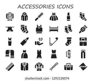  accessories icon set. 30 filled accessories icons. Simple modern icons about  - Jacket, Hoodie, Comb, Dress, Lipstick, Socks, Clothes, Cot, Pastry bag, Jewelry, Safety pin, Sock