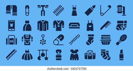 accessories icon set. 32 filled accessories icons. on blue background style Simple modern icons about  - Scarf, Fashion, Sport bag, Comb, Safety pin, Dress, Tunic, Handlebar, Cardigan