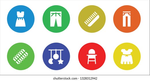 accessories icon set. 8 filled accessories icons.  Collection Of - Dress, Hair curler, Trousers, Crib toy, Comb, Baby chair, Jeans