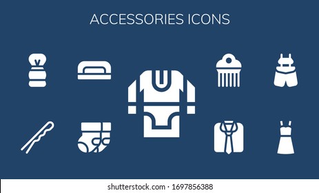 accessories icon set. 9 filled accessories icons.  Simple modern icons such as: Tunic, Socks, Nail dryer, Hairpin, Shaving brush, Dress, Suspenders, Clothes, Comb
