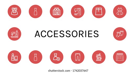 accessories icon set. Collection of Dress, Clothes, Sewing machine, Skirt, Lipstick, Trousers, Barbershop, Socks icons