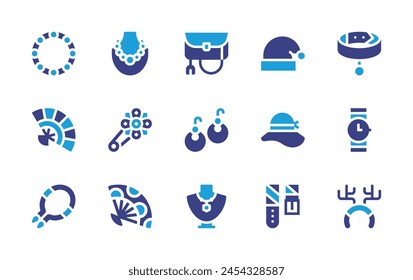 Accessories icon set. Duotone color. Vector illustration. Containing earrings, women hat, fan, necklace, collar, pearl necklace, clutch, mongkhon, wrist watch, belt, santa hat, reindeer antlers.