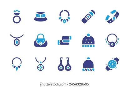 Accessories icon set. Duotone color. Vector illustration. Containing necklace, earrings, handbag, accessory, bracelet, winter hat, ring, watch, scarf, beanie, hat.