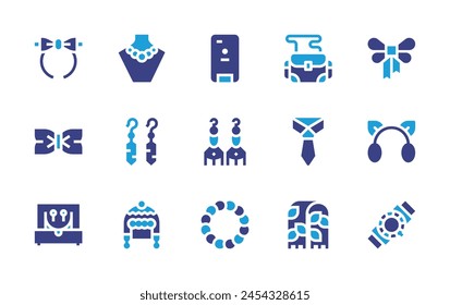 Accessories icon set. Duotone color. Vector illustration. Containing phone case, earrings, bracelet, watch, jewelry box, necklace, diadem, bow tie, pashmina, shoulder bag, winter hat, tie, earmuffs.