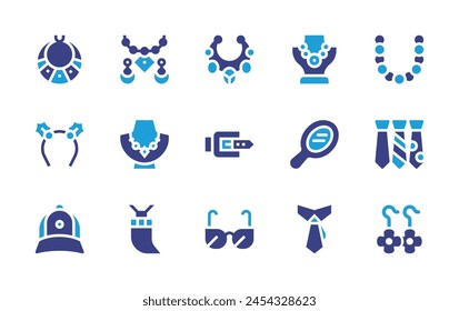 Accessories icon set. Duotone color. Vector illustration. Containing necklace, earrings, sunglasses, cap, mirror, headband, tie, belt, pendant.