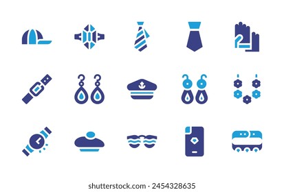 Accessories icon set. Duotone color. Vector illustration. Containing ring, phone case, earrings, bracelet, beret, cap, gloves, tie, belt, sailor hat, sun glasses, wristwatch, flower necklace.