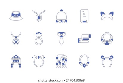 Conjunto de iconos de accesorios. Trazo de línea de estilo duotono y negrita. Ilustración vectorial. Conteniendo collar, caja del teléfono, diadema, anillo, bufanda, gorro, diadema, pashmina, sombrero, sombrero de invierno, corbata.