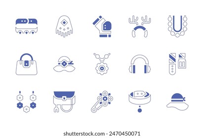 Accessories icon set. Duotone style line stroke and bold. Vector illustration. Containing woman bag, women hat, bracelet, necklace, collar, clutch, jewelry, belt, earmuffs, kneepad, reindeer antlers.