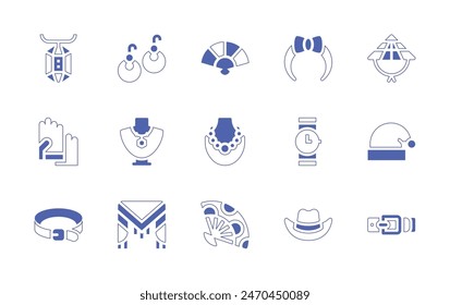 Accessories icon set. Duotone style line stroke and bold. Vector illustration. Containing headband, earrings, fan, necklace, accessory, pearl necklace, gem, belt, wrist watch, gloves, santa hat.