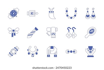 Accessories icon set. Duotone style line stroke and bold. Vector illustration. Containing necklace, accessory, earrings, watch, scarf, bow tie, mirror, belt, pendant.