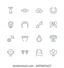 Accessories icon set. Thin line icon. Editable stroke. Containing jewels, handmirror, sailorhat, diadem, earrings, headband, cap, accessory, ring, bow, necklace, collar.