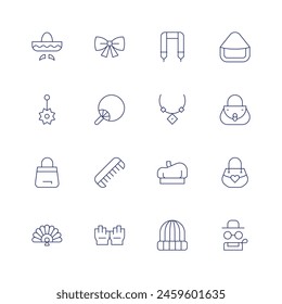 Accessories icon set. Thin line icon. Editable stroke. Containing handbag, handfan, piercing, fingerlessgloves, fan, hairstyling, beret, accessory, necklace.