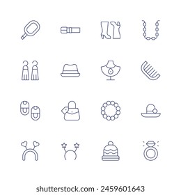 Accessories icon set. Thin line icon. Editable stroke. Containing handmirror, handbag, tassel, hat, babyshoes, belt, boots, jewelry, bracelet, chain, accessory.