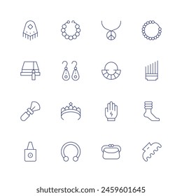 Accessories icon set. Thin line icon. Editable stroke. Containing brush, hat, totebag, turquoise, diadem, piercing, necklace, hairclip, bag, legwarmer, glove, accessory.