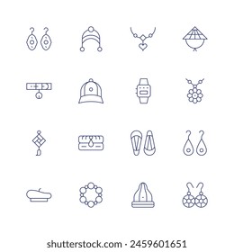 Accessories icon set. Thin line icon. Editable stroke. Containing earrings, collar, beret, keychain, beads, scarf, watch, hairclip, cap, beanie, hat, necklace.