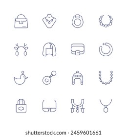 Accessories icon set. Thin line icon. Editable stroke. Containing handbag, keychain, earmuffs, totebag, sunglasses, wig, pendant, belt, fang, accessory, ring.