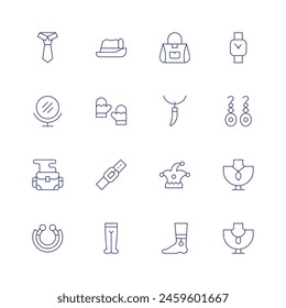 Accessories icon set. Thin line icon. Editable stroke. Containing tie, shoulderbag, shakhapola, handmirror, hat, tights, gloves, belt, handbag, necklace, accessory, anklebrace.