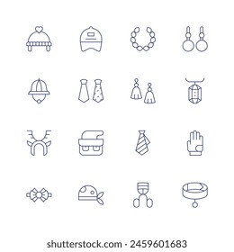 Accessories icon set. Thin line icon. Editable stroke. Containing explorerhat, bandana, headband, purse, woolhat, bowtie, tie, hat, laurel, tassel, eyelashcurler.