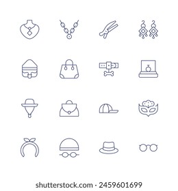 Accessories icon set. Thin line icon. Editable stroke. Containing hat, headband, bag, handbag, swimmingglasses, purse, cap, accessories, jeweler, eyeglasses.