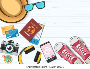 accessories icon travel around the world concept summer banner. check in Invitation on wood Background Design, concept blank space for text and content paper art, vector, Card, Poster,