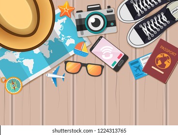 accessories icon travel around the world concept summer banner. check in Invitation on wood Background Design, concept blank space for text and content paper art, vector, Card, Poster,