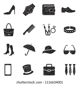 Accessories Icons. Black Scribble Design. Vector Illustration.