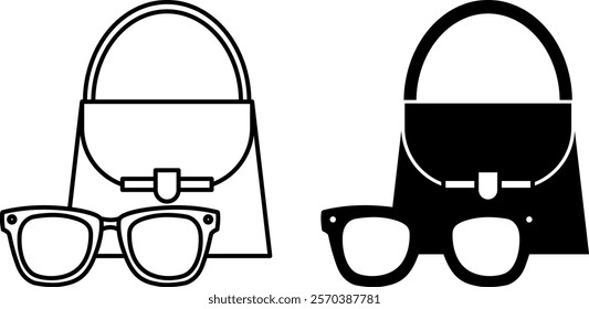 Accessories Icons. Black and White Vector Illustration. Sunglasses and Women's Handbag. Fashion Concept