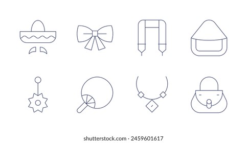 Accessories icons. Editable stroke. Containing piercing, mexicanhat, fan, bowtie, bag, camerastrap, necklace, handbag.