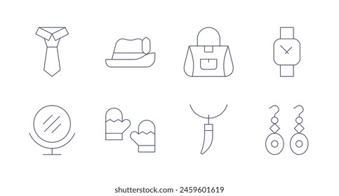 Accessories icons. Editable stroke. Containing tie, handmirror, hat, gloves, handbag, necklace, wristwatch, earrings.