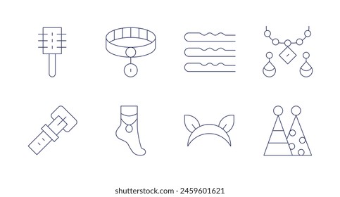 Accessories icons. Editable stroke. Containing belt, hairbrush, collar, anklet, hairclip, headband, earrings, partyhat.