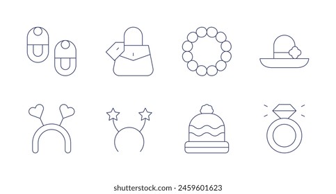 Accessories icons. Editable stroke. Containing handbag, babyshoes, diadem, beanie, bracelet, hat, diamondring.