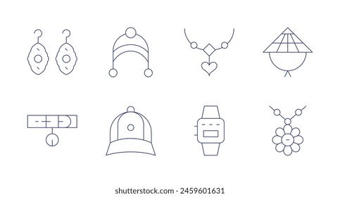 Accessories icons. Editable stroke. Containing earrings, collar, watch, cap, hat, necklace, jewelry, accessory.