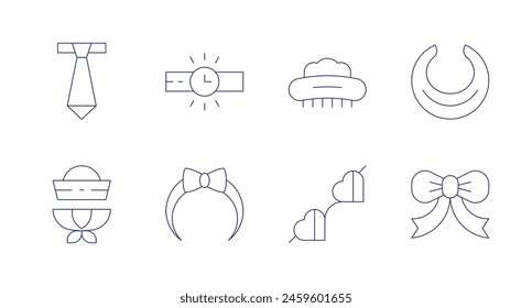 Accessories icons. Editable stroke. Containing tie, sailorhat, watch, headband, hairclip, accessory, bow, necklace.