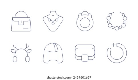 Accessories icons. Editable stroke. Containing handbag, earmuffs, wig, pendant, belt, ring, beads, earrings.