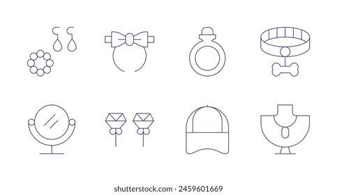 Accessories icons. Editable stroke. Containing jewels, handmirror, diadem, earrings, cap, ring, necklace, collar.