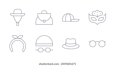 Accessories icons. Editable stroke. Containing hat, headband, handbag, swimmingglasses, cap, eyemask, eyeglasses.