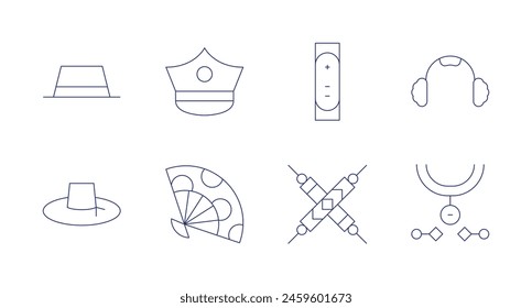 Accessories icons. Editable stroke. Containing hat, fan, bracelet, policehat, bracelets, pendant, earmuffs.